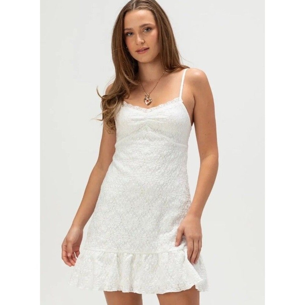 Aeropostale XS White Lace Dress Mini Ruffle Romantic Ivory Cami Boho Festival